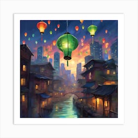 A lantern floating above a cityscape 1 Art Print