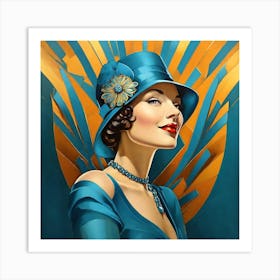 Woman In A Blue Hat - Art Deco Style - Woman Art Print