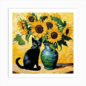 van gogh Sunflowers And Black Cat Art Print