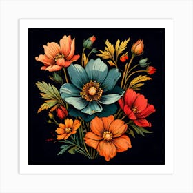 Flowers On A Black Background 4 Art Print