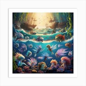 A Vibrant Whimsical Underwater Scene Featuring Different Sea Life 1 Art Print