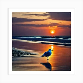 Seagull On The Beach At Sunset 2 Art Print