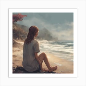 Girl Sitting On The Beach Art Print