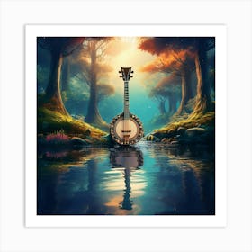 Firefly Banjo, Water, Enchanted, Forest, Kaleidoscope, Colors, Magical, Nature, Music, Instrument, F (27) Art Print