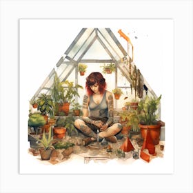 Punk Girl In A Greenhouse Watercolour Art Print