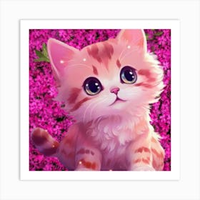 Cute Kitten In Pink Flowers Art Print