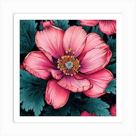 Pink Anemone Flower, Illustrate A Close Up Of A Blooming Flower With Intricate Art Print