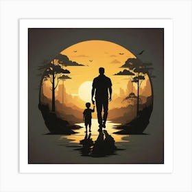 Father And Son Walking At Sunset Art Painting Art Print