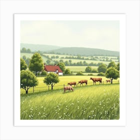 English Countryside With Romanian Farm Life, Watercolor Effect 1 Art Print