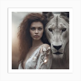 Portrait Of A Woman With A Lion Art Print