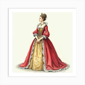 Watercolor Scene Of Queen Elizabeth I, Detailed Fabric, Elegant Pose 1 Art Print