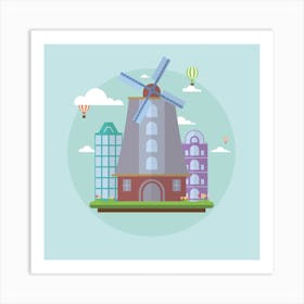 Windmill In The City Amsterdam Landmark Landscape Art Print