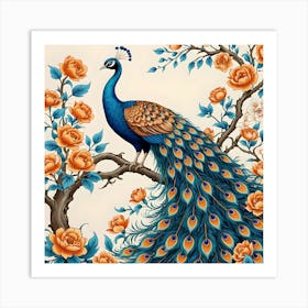 Peacock Ebetween Blue and Orange Flowers Art Print