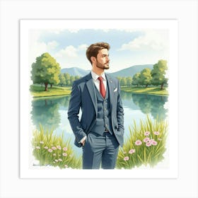 Lovely Man In Watercolor Suit, Serene Countryside Lake 1 Art Print