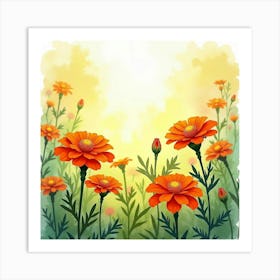 Bright Watercolor Marigolds In A Sunny Garden Scene 1 Art Print