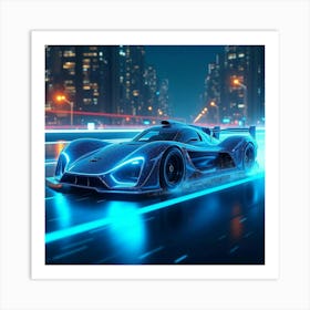 Futuristic Formula Car Glowing In Bright Neon Blue, Racing Through A Cyber Cityscape 1 Art Print