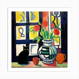 Vase On A Table With A Cat Matisse Style Art Print