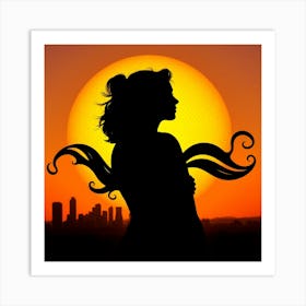 Silhouette Of A Woman At Sunset 2 Art Print