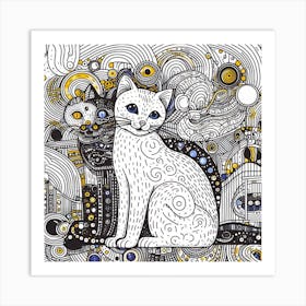 Gustav Klimt Style Doodle Cats On A Background Art Print