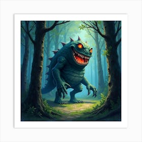 Monster In A Surreal Watercolor Dark Forest 1 Art Print