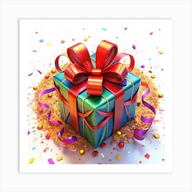 Wrapped Gift With Red Bow And Confetti Art Print