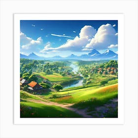 A Serene Village Landscape With Lush Green Fields And Colorful Houses Depicting The Picturesque Set(3) Art Print