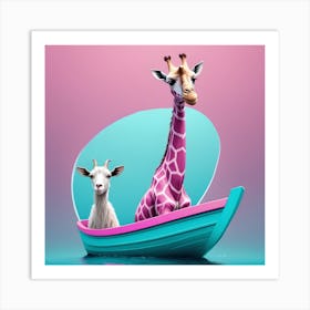 Goat And Pink Giraffe On A Boat Art Print