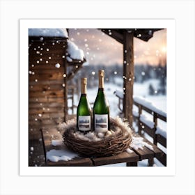 Two Bottles Of Champagne On A Wooden Table Art Print