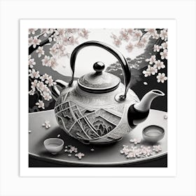 Firefly An Intricate Beautiful Japanese Teapot, Modern, Illustration, Sakura Garden Background 65207 Art Print