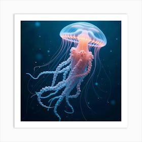 A Surreal Jellyfish With Tendrils Of Glowing, Bioluminescent Waves Drifting Through A Dreamlike Ocean Art Print