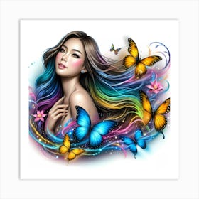 Girl With Colorful Hair And Butterflies Art Print