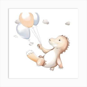 Dinosaur Flying With Balloons Watercolour Nursery Art Print