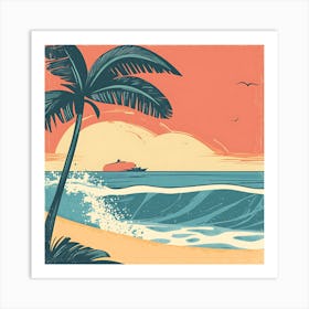 Retro Seascape With Palm Trees Art Print