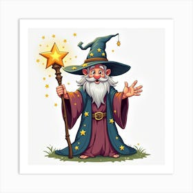 A Whimsical Wizard With A Colorful Robe And A Starry, Magical Staff Art Print