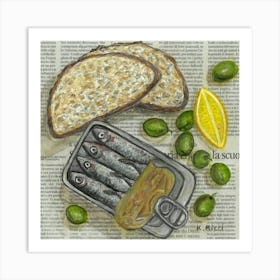 Sardines Tin With Bread Slices, Olives And Lemon on Italian Newspaper Canned Fish Food Seafood Anchovies Bakery Restaurant Wall Decor Art Print