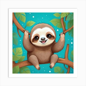 Cute Sloth In A Tree Illustration Art Print