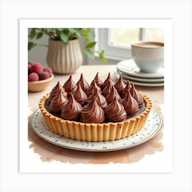 Watercolor Image Of A Decadent And Creamy Chocolate Tart On A Cozy Kitchen Table Art Print