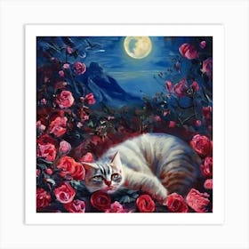 Cat In Roses Art Print