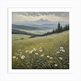 vintage oil painting of wild flowers in a meadow, mountains in the background 2 Art Print