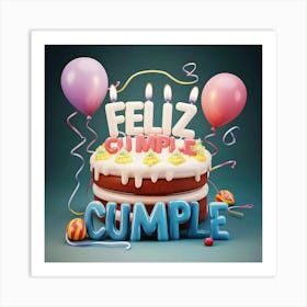 Feliz cumple and Feliz cumpleaños sign means Happy Birthday in Spanish language, Birthday party celebration gift with birthday cake candle colorful balloons best congratulation over light background wall artFeliz Cumple Cumple Art Print