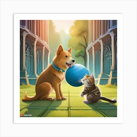 Cat And Dog Playing Ball Art Print