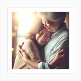 Asian Woman Hugging Her Mother Art Print