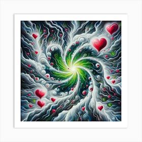 3 Dimensional Lightning With Multiple Green And White Swirls In A Vortex Of 3 Red Hearts Oil Painting 2 Art Print