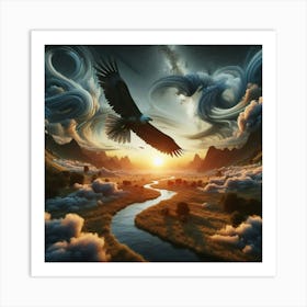 3 Dimensional Eagle Flying Over A Field Creek Sunset Clouds Swirling Art Print