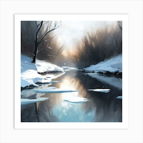 Winter Woodland Landscape, River Reflections 3 Art Print