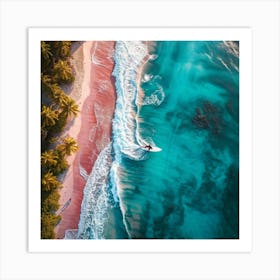 Aerial Photography Capturing A Surfer Amidst Azure Waves Tropical Beach In The Background Palm Tre (2) Art Print