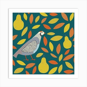 Partridge Game Bird with Pears on Teal Green Art Print