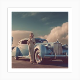 Woman Standing Next To A Vintage Car Art Print