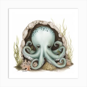 Storybook Style Octopus Relaxing In An Underwater Cave 2 Art Print