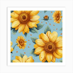 Sunflowers On Blue Background Art Print